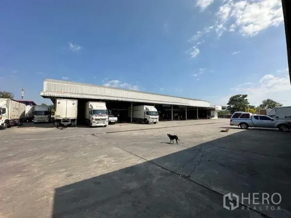 Warehouse for rent in Lam Luk Ka, Pathum Thani - Covered warehouse with multiple dock-high loading bays and trucks on a wide concrete yard.
