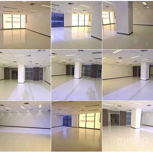 Office Space for rent in Phaya Thai, Bangkok - Bright open-plan office interior with tiled floors, drop ceiling lighting, supporting columns and large windows in Ari, Bangkok.