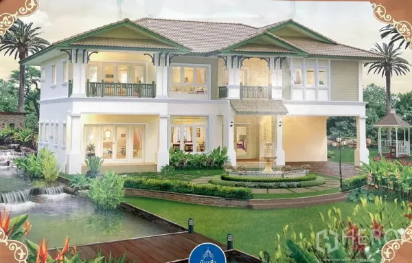 Detached House for sale in Lam Luk Ka, Pathum Thani - Another rendering highlighting balconies, large windows, a central fountain and lush lawn beside a canal.