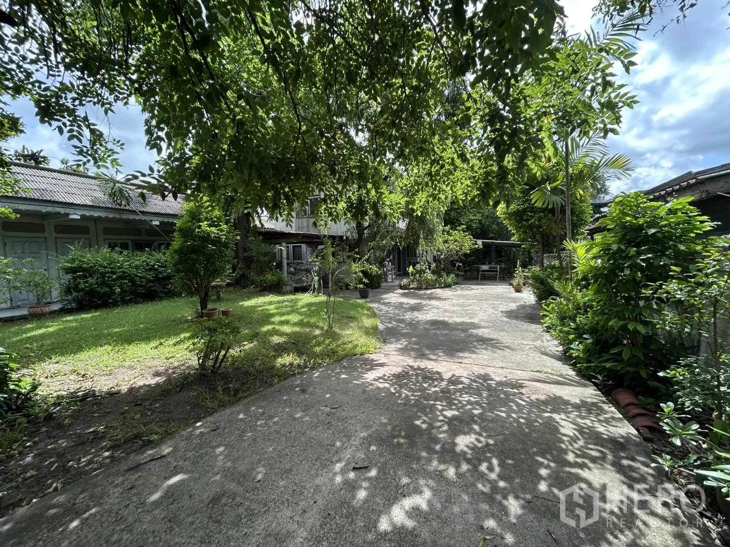 Detached House for sale in Phra Khanong, Bangkok - Shaded garden lawn lining the driveway toward the house and carport.
