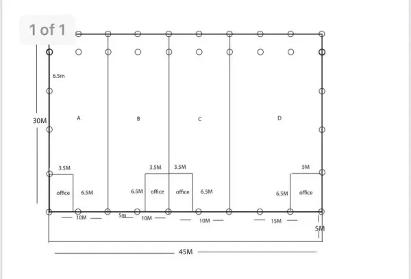 Factory for rent in Khlong Luang, Pathum Thani - Factory layout plan showing multiple bays with office sections and marked dimensions.
