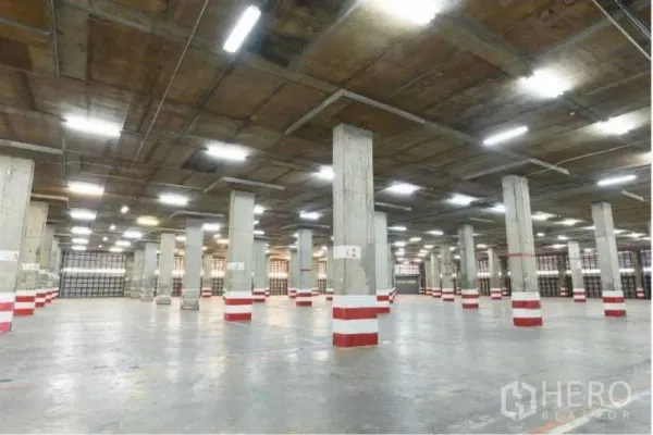 คลังสินค้า ให้เช่าในPhra Pradaeng, Samut Prakan - ฮอลล์เก็บสินค้าพื้นคอนกรีตเรียบ พร้อมแนวเสาเป็นระยะสม่ำเสมอ