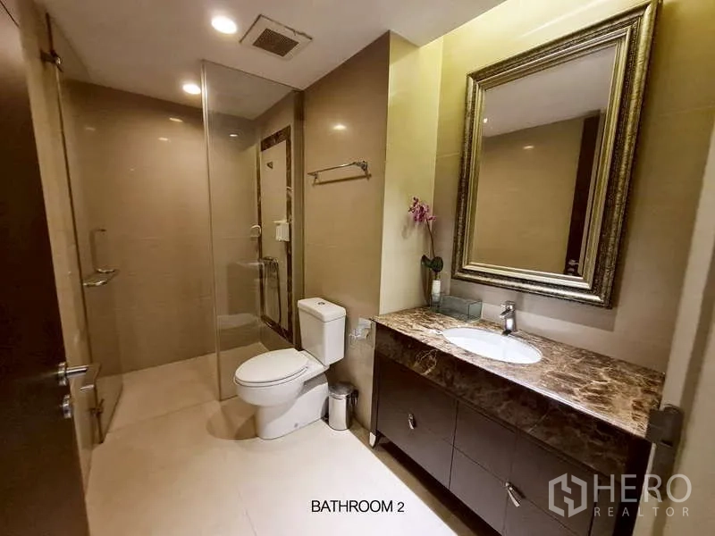 Retail Space for rent in Watthana, Bangkok - Bathroom with wide vanity, framed mirror, and walk-in shower