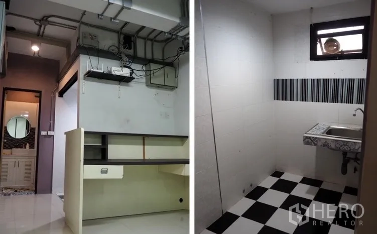 Home Office for rent in Lat Phrao, Bangkok - Utility area showing a built-in workstation and a pantry with checkered flooring.