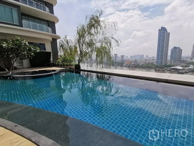 คอนโด ให้เช่าในBang Kho Laem, Bangkok - สระว่ายน้ำริมแม่น้ำ กระเบื้องสีฟ้า พร้อมฉากหลังสกายไลน์