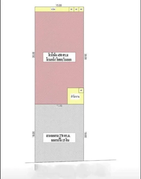 货栈 出租在Lam Luk Ka, Pathum Thani - 简易平面图，标示约450㎡主库与约270㎡停车场，可停约15辆车。