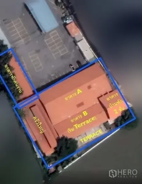 Retail Space for rent in Yan Nawa, Bangkok - Aerial site plan showing Buildings A and B, a terrace area, and the property boundary beside the water.