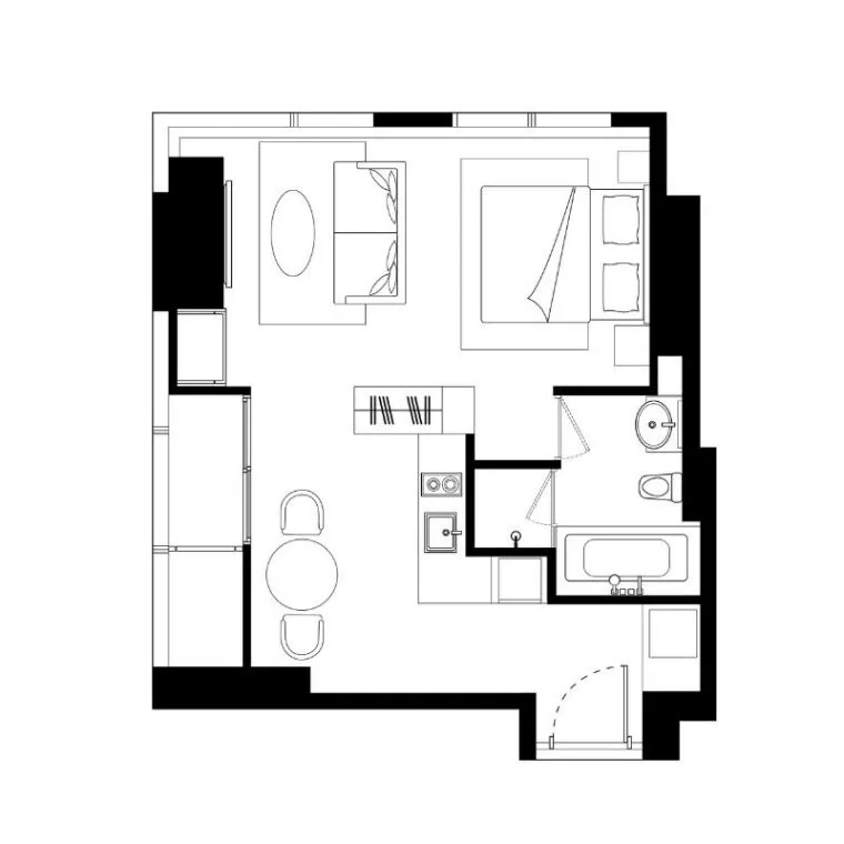 คอนโด for rent in Khlong Toei, Bangkok - แปลนห้องคอนโด 44 ตร.ม. 1 ห้องนอน พื้นที่นั่งเล่น ครัว และห้องน้ำแบบเปิด