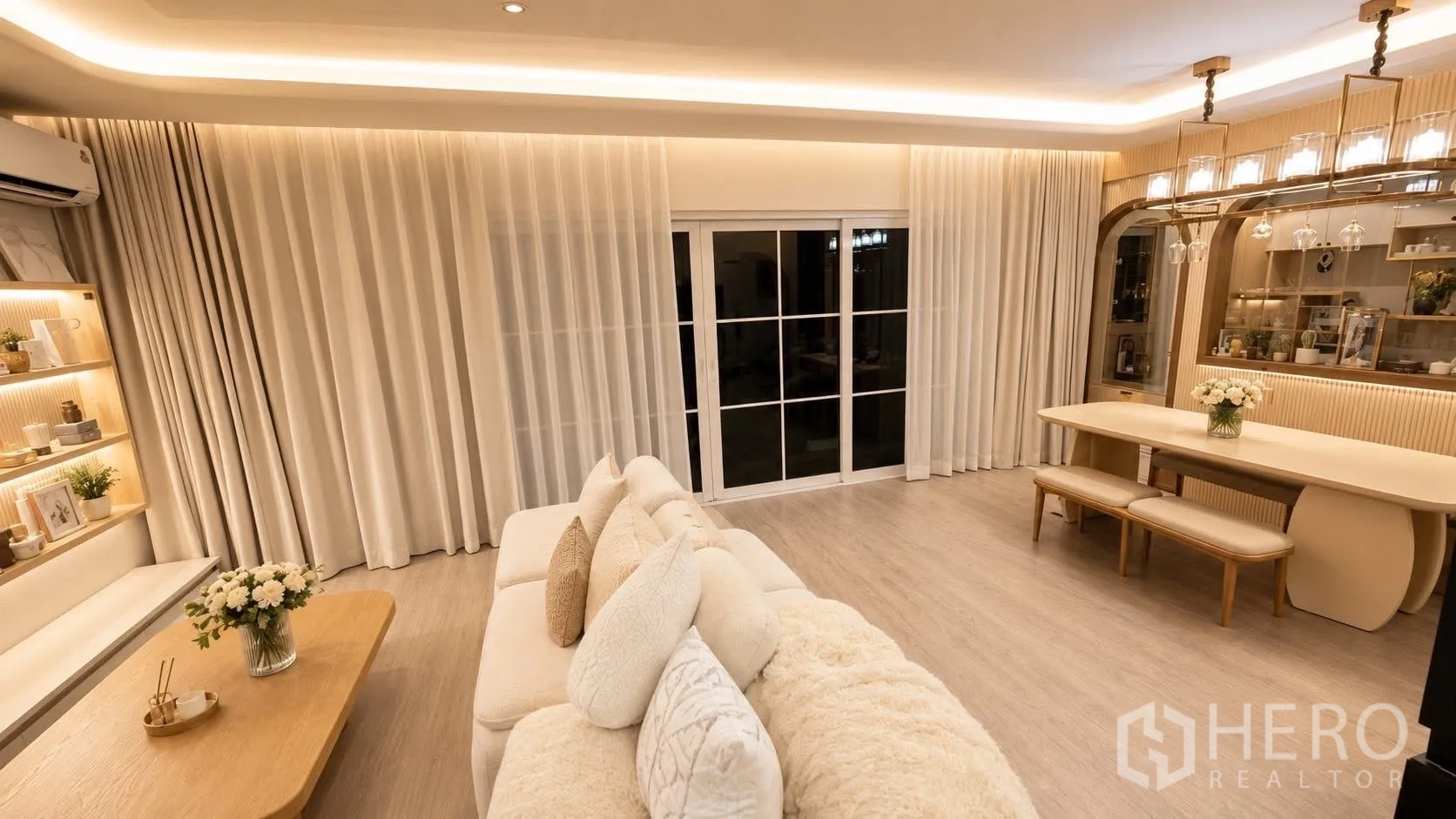 บ้านเดี่ยว for rent or sale in Bang Phli, Samut Prakan - ห้องนั่งเล่นและทานอาหารอบอุ่น มีโซฟา ชั้นบิลท์อิน โต๊ะยาว และประตูบานเลื่อนกระจก