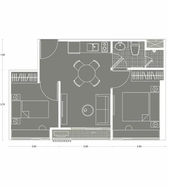 公寓 出售 - 38平米两房一卫公寓户型图，客餐厅一体与小厨房布局。