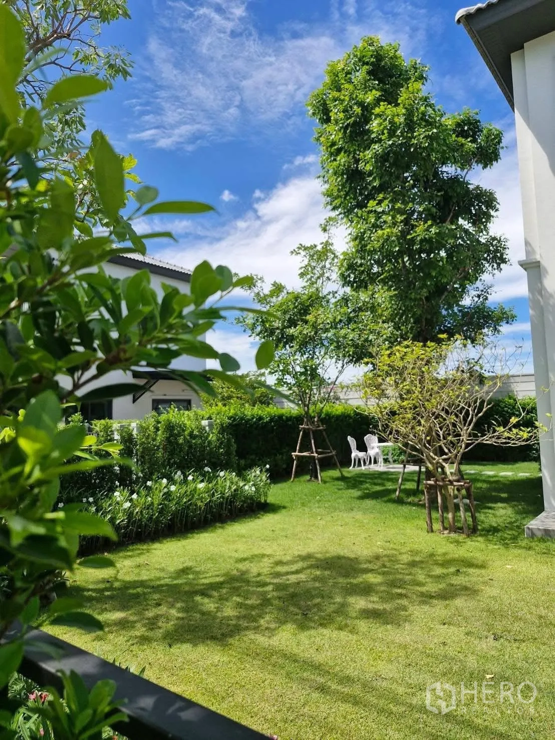 บ้าน for rent in Bang Phli, Samut Prakan - สวนส่วนตัวจัดแต่งสนามหญ้า ต้นไม้ รั้วพุ่ม และมุมที่นั่ง