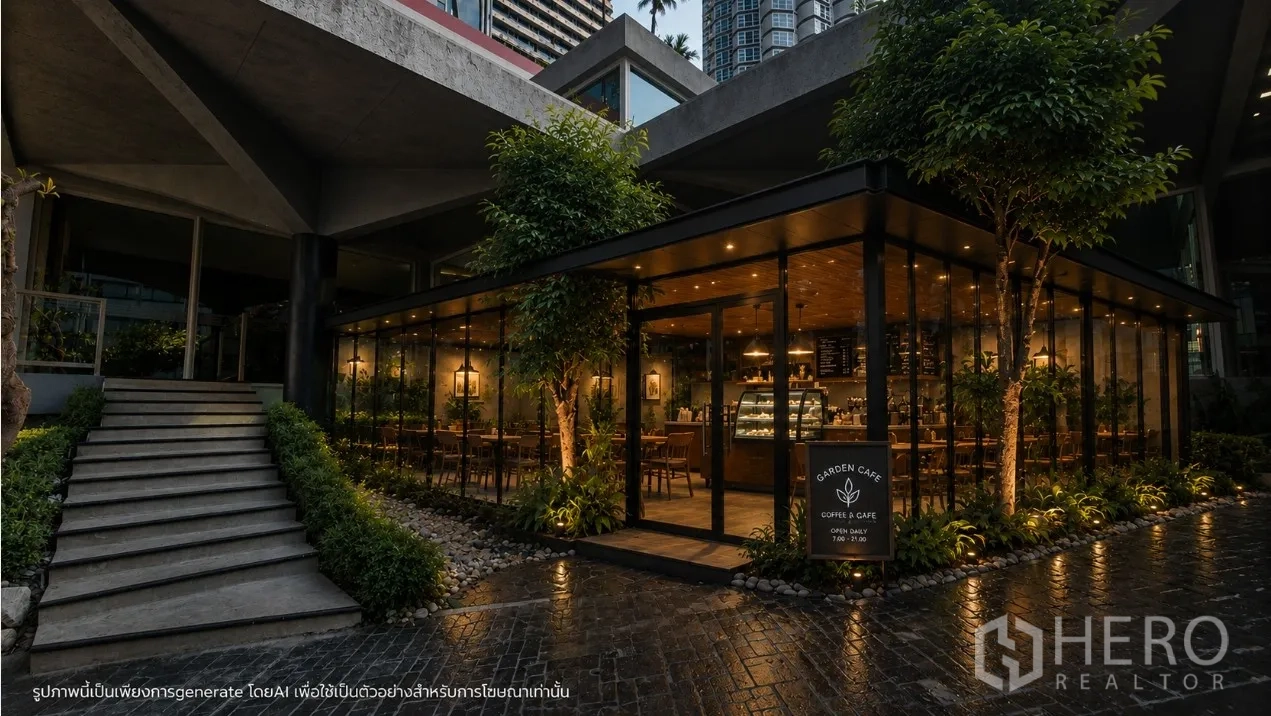 零售空间 for rent in Watthana, Bangkok - 夜景下的玻璃盒式咖啡风空间，灯光温暖并临景观步道。