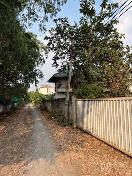 คลังสินค้า ขายในBang Bua Thong, Nonthaburi - ทางเข้าทรัพย์พร้อมประตูเลื่อนโลหะและแนวต้นไม้ริมทาง.