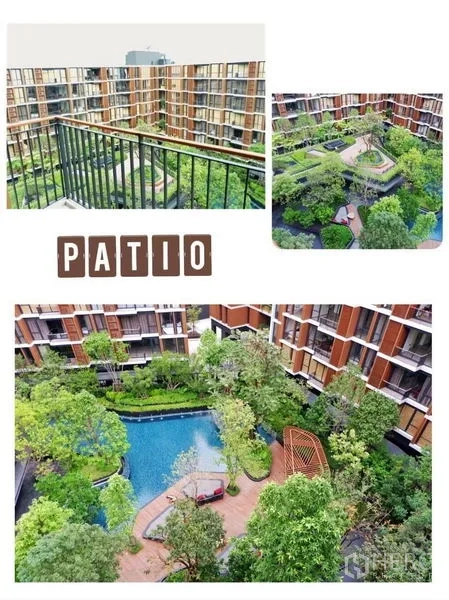 公寓 出租在Watthana, Bangkok - 阳台俯瞰园林中庭与度假式泳池，绿意环绕的 Mori Haus 社区景观。