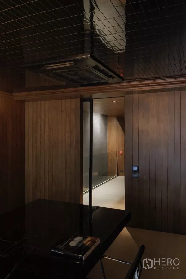 Office Space for rent in Bang Rak, Bangkok - Conference room with black grid ceiling, pendant light and large table