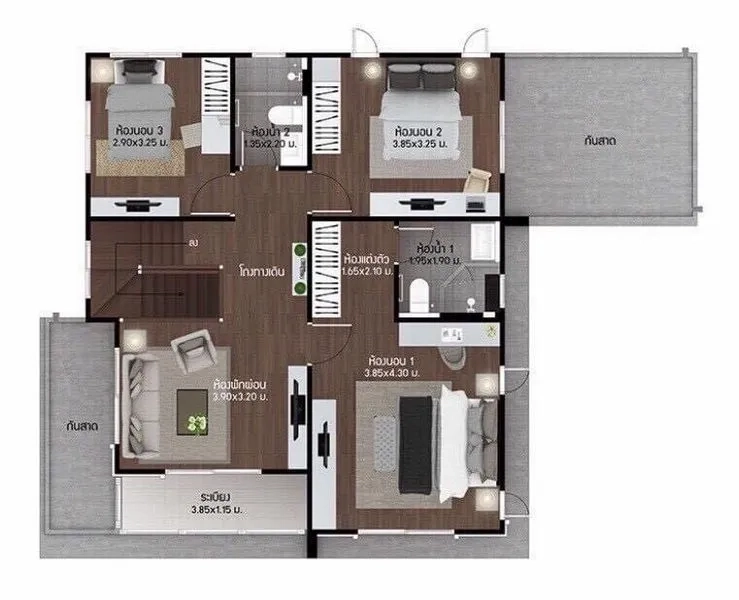 Detached House for sale - Upper-floor plan with three bedrooms, family room, bathroom, and balconies.