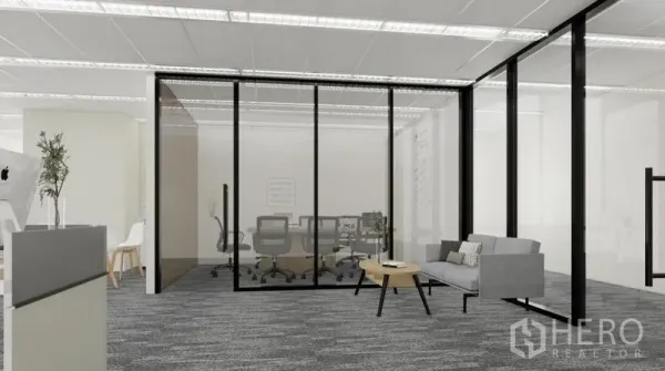 Office Space for rent in Dusit, Bangkok - Glass-enclosed conference room beside a small waiting area in an open-plan office.
