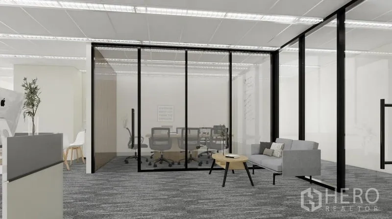 Office Space for rent in Dusit, Bangkok - Glass-enclosed conference room beside a small waiting area in an open-plan office.