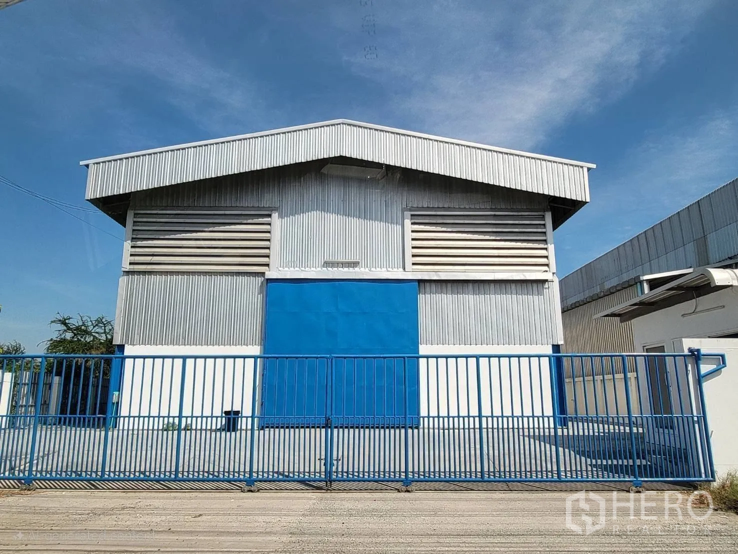 Warehouse for rent in Mueang Samut Prakan, Samut Prakan - Front view of a gated warehouse with metal cladding and a concrete yard.