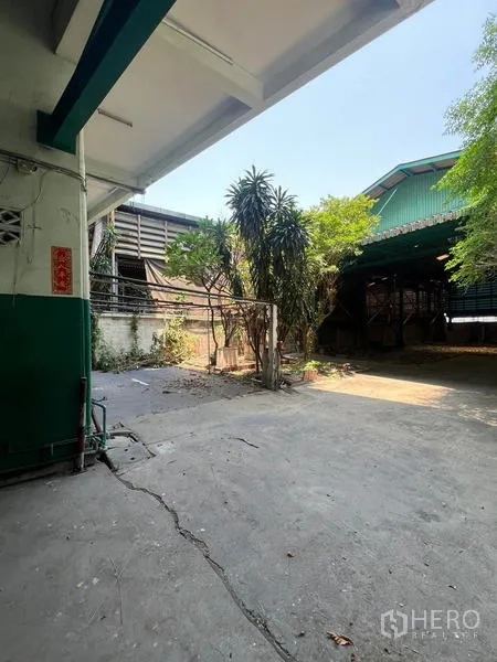Warehouse for rent in Bang Kho Laem, Bangkok - Outdoor concrete yard beside the warehouse with shade trees.