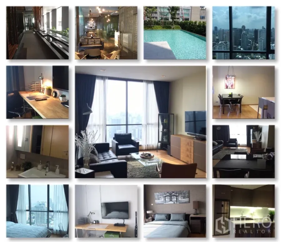 Condominium for rent or sale in Watthana, Bangkok - Entrance corridor with water feature and wood accents in a modern condo building.