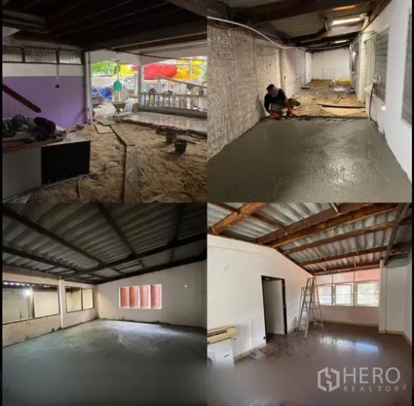 带办公室的家 出租在Suan Luang, Bangkok - 曼谷素安鲁昂区家庭办公房室内翻修中，混凝土地面、外露梁与大窗户。