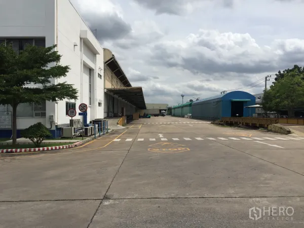 Warehouse for rent in Pathum Thani - Industrial warehouse complex with covered loading docks and a wide concrete driveway for truck access in Pathum Thani.