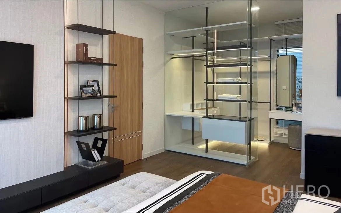 Detached House for rent in Bang Phli, Samut Prakan - Shelving and glass closet system viewed from master bedroom.