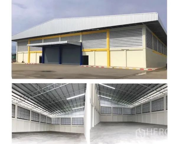 Factory for rent in Mueang Samut Sakhon, Samut Sakhon - Modern factory building with twin roller shutters and bright high-ceiling interior shown with steel trusses and louvered vents.