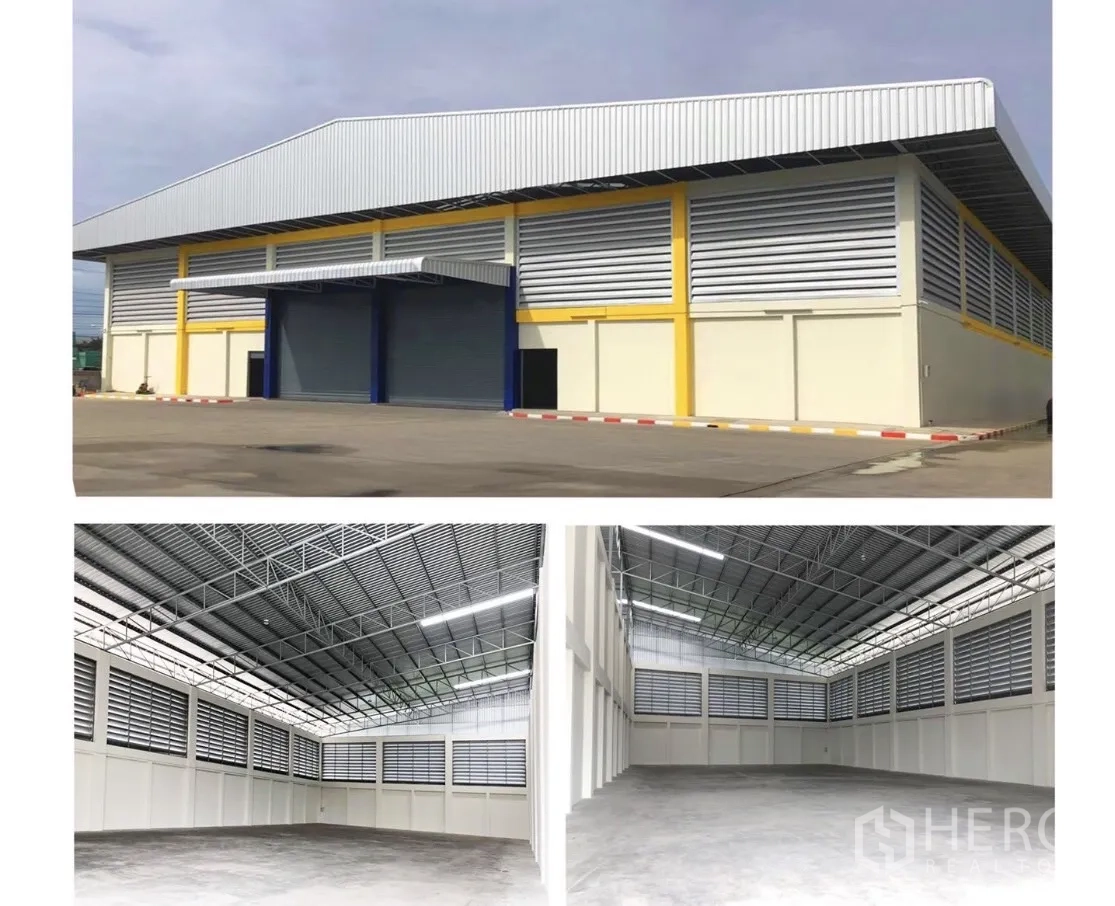 Factory for rent in Mueang Samut Sakhon, Samut Sakhon - Modern factory building with twin roller shutters and bright high-ceiling interior shown with steel trusses and louvered vents.