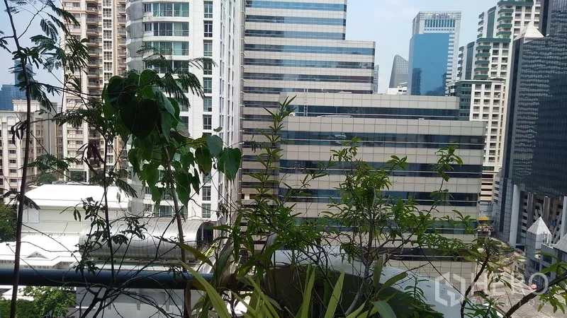 公寓 出售在Watthana, Bangkok - 阳台种植热带绿植，背后是瓦他那区天际线。
