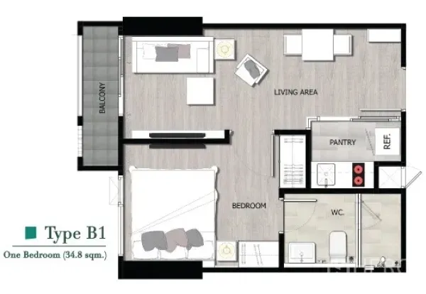 คอนโด ให้เช่าในPathum Wan, Bangkok - แปลนคอนโด 1 ห้องนอน แสดงพื้นที่นั่งเล่น ครัว ห้องน้ำ และระเบียง