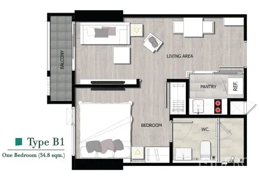 คอนโด ให้เช่าในPathum Wan, Bangkok - แปลนคอนโด 1 ห้องนอน แสดงพื้นที่นั่งเล่น ครัว ห้องน้ำ และระเบียง
