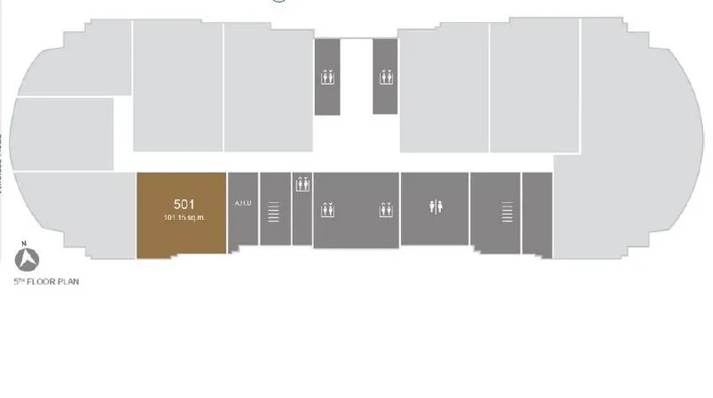 สำนักงาน ให้เช่า - ผังชั้นยูนิตสำนักงานประมาณ 101 ตร.ม. ชั้นกลาง ใกล้ลิฟต์