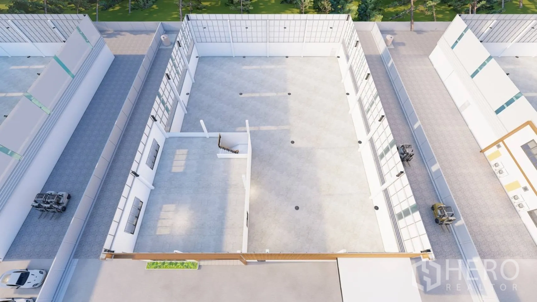 工厂 for rent or sale in Lam Luk Ka, Pathum Thani - 俯视图展示宽敞厂房生产区与内部办公室核心区。