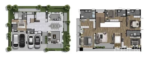 独立式住宅 出售在Bang Phli, Samut Prakan - 两层户型图，三车位车库，开放式客餐厅与二层卧室