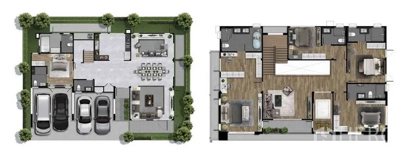 独立式住宅 出售在Bang Phli, Samut Prakan - 两层户型图，三车位车库，开放式客餐厅与二层卧室