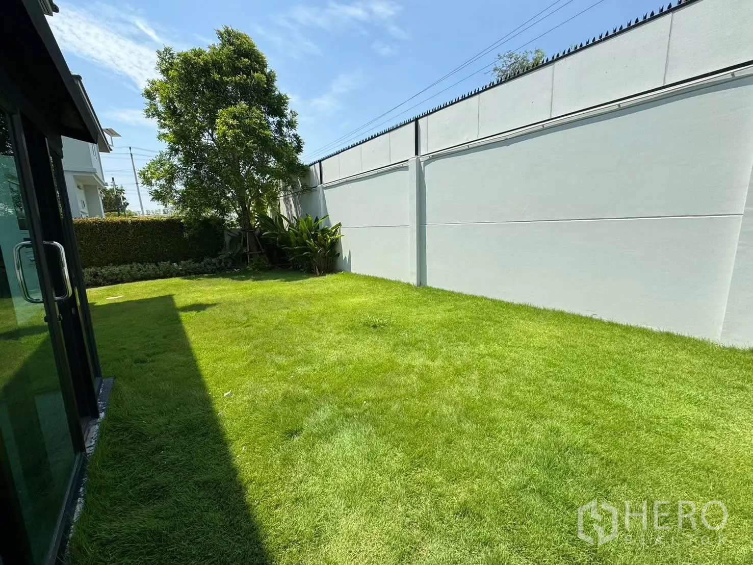 Detached House for rent in Prawet, Bangkok - Sunny private lawn with tree and high privacy wall.