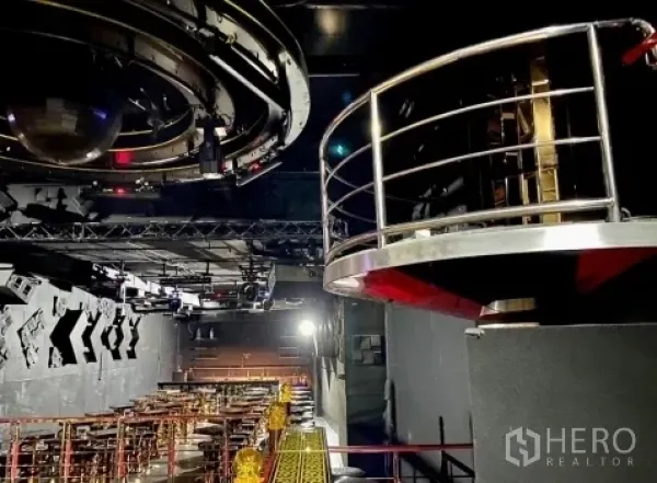 Retail Space for rent - Club-style retail interior with mezzanine balcony and a circular suspended DJ booth above tables.