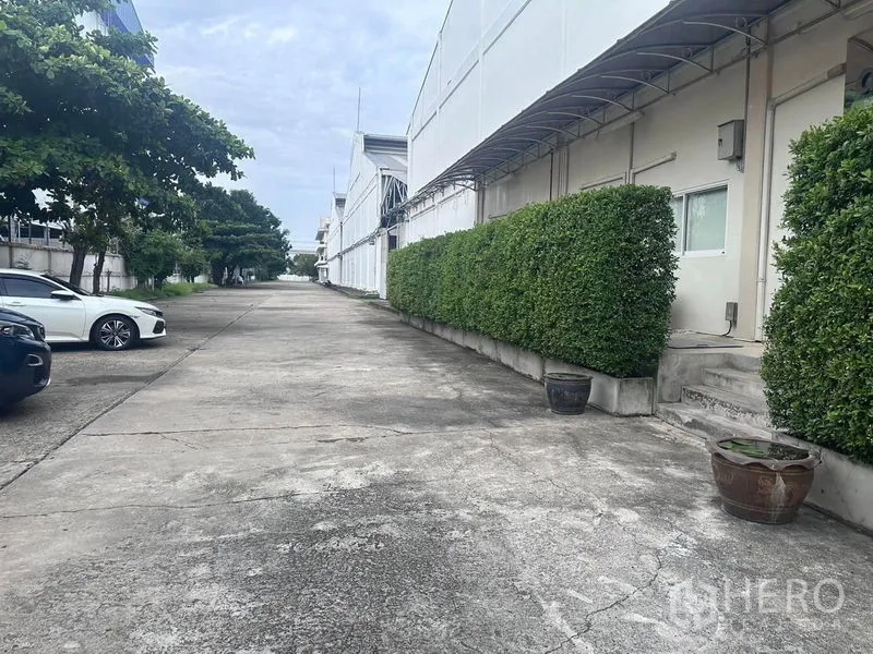 Warehouse for rent in Mueang Samut Prakan, Samut Prakan - Exterior service lane with trimmed hedges and on-site parking beside the warehouse.