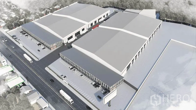 Warehouse for rent in Mueang Samut Sakhon, Samut Sakhon - Aerial view of a modern multi-building warehouse complex with loading bays, truck access and parking in Samut Sakhon.