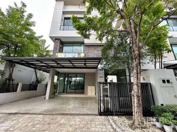 ทาวน์เฮาส์ ให้เช่าในLat Phrao, Bangkok - ลานจอดรถและทางเข้าหน้าบ้าน พร้อมต้นไม้ใหญ่และรั้วเหล็ก