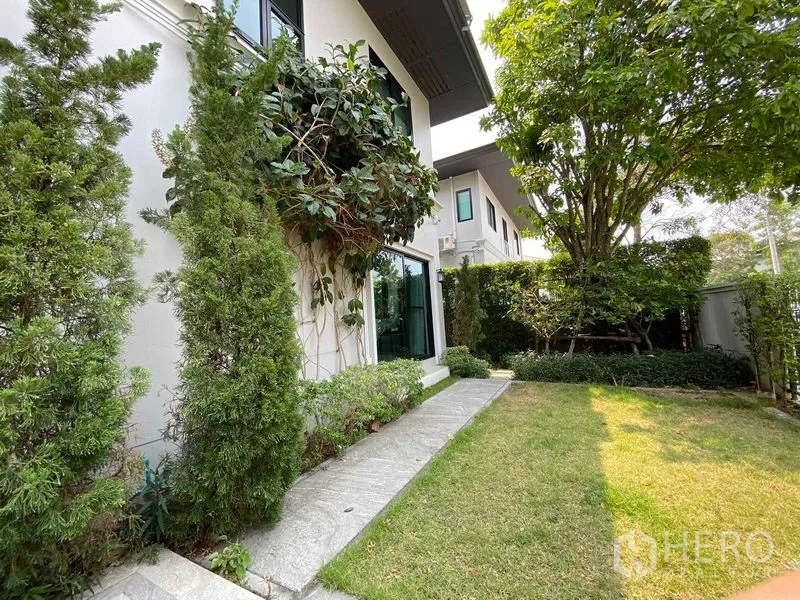 บ้าน ขายในPrawet, Bangkok - สวนข้างบ้านมีสนามหญ้า ต้นไม้ใหญ่ และหน้าต่างบานใหญ่ของตัวบ้าน