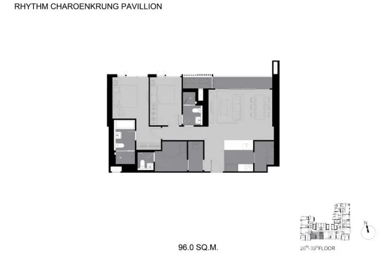 Condominium for rent in Bang Kho Laem, Bangkok - Floor plan of a 96 sq.m. two-bedroom, two-bath condominium layout.