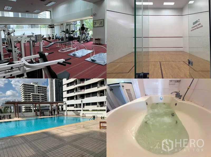 公寓 出租或出售在Watthana, Bangkok - 配套组合图：健身房、玻璃壁球场、室外泳池与按摩浴池。