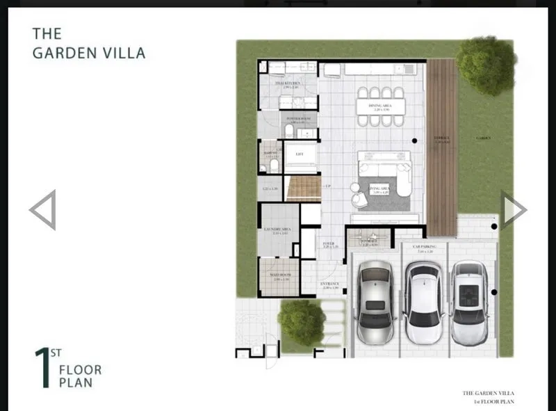 Detached House for sale in Yan Nawa, Bangkok - First-floor plan labeled The Garden Villa showing three-car parking, living, dining and kitchen areas.