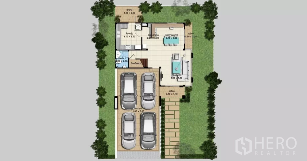 Detached House for sale in Lam Luk Ka, Pathum Thani - Ground-floor plan illustrating parking for four cars, living area, kitchen and bathroom layout.