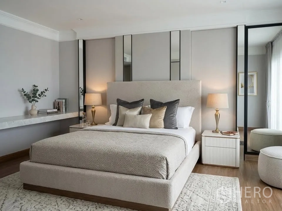 บ้านเดี่ยว for rent in Bang Phli, Samut Prakan - ห้องนอนมาสเตอร์กว้าง เตียงบุผ้า โต๊ะข้างโคมไฟ และกระจกสูงเต็มผนัง