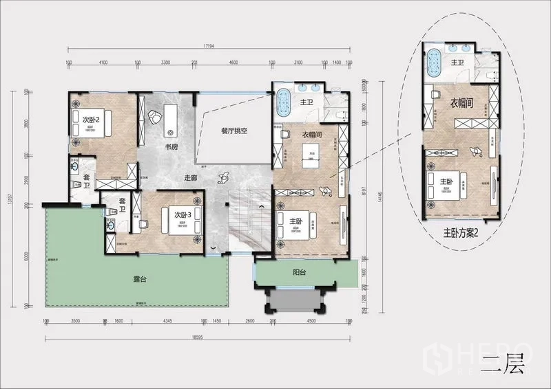 Detached House for sale in Lat Krabang, Bangkok - Second-floor plan showing three bedrooms, study, terraces, and master suite options.