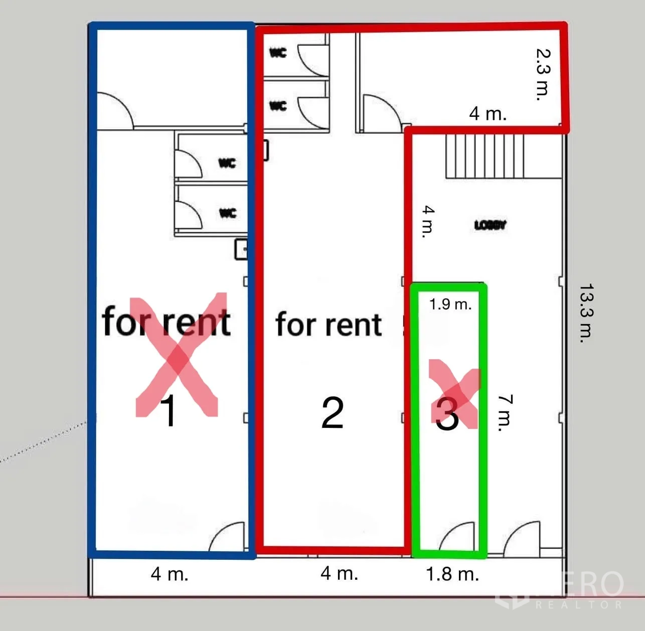 零售空间 for rent in Watthana, Bangkok - 带标注的平面图，显示两处零售单元并在后方设有共用卫生间。